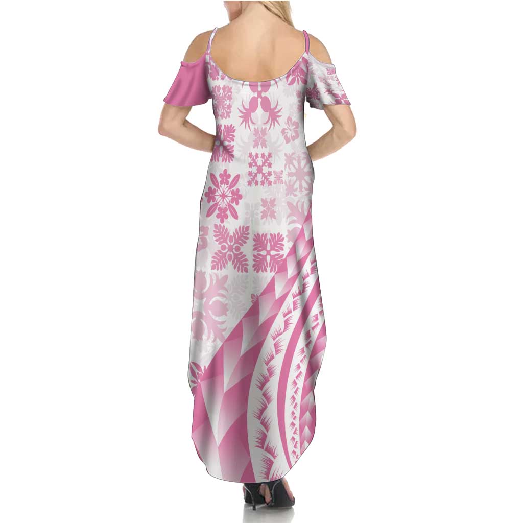 Pink Hawaiian Quilt Pattern Family Matching Summer Maxi Dress and Hawaiian Shirt Mixed Polynesian Tribal Arty