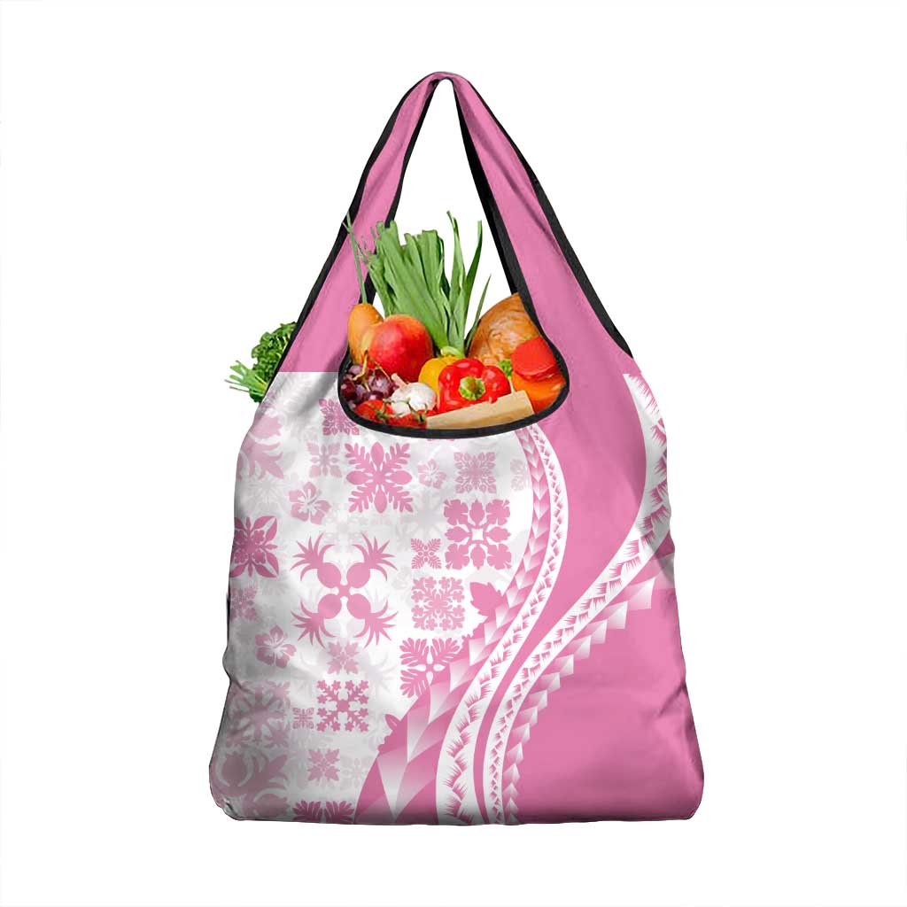 Pink Hawaiian Quilt Pattern Grocery Bag Mixed Polynesian Tribal Arty