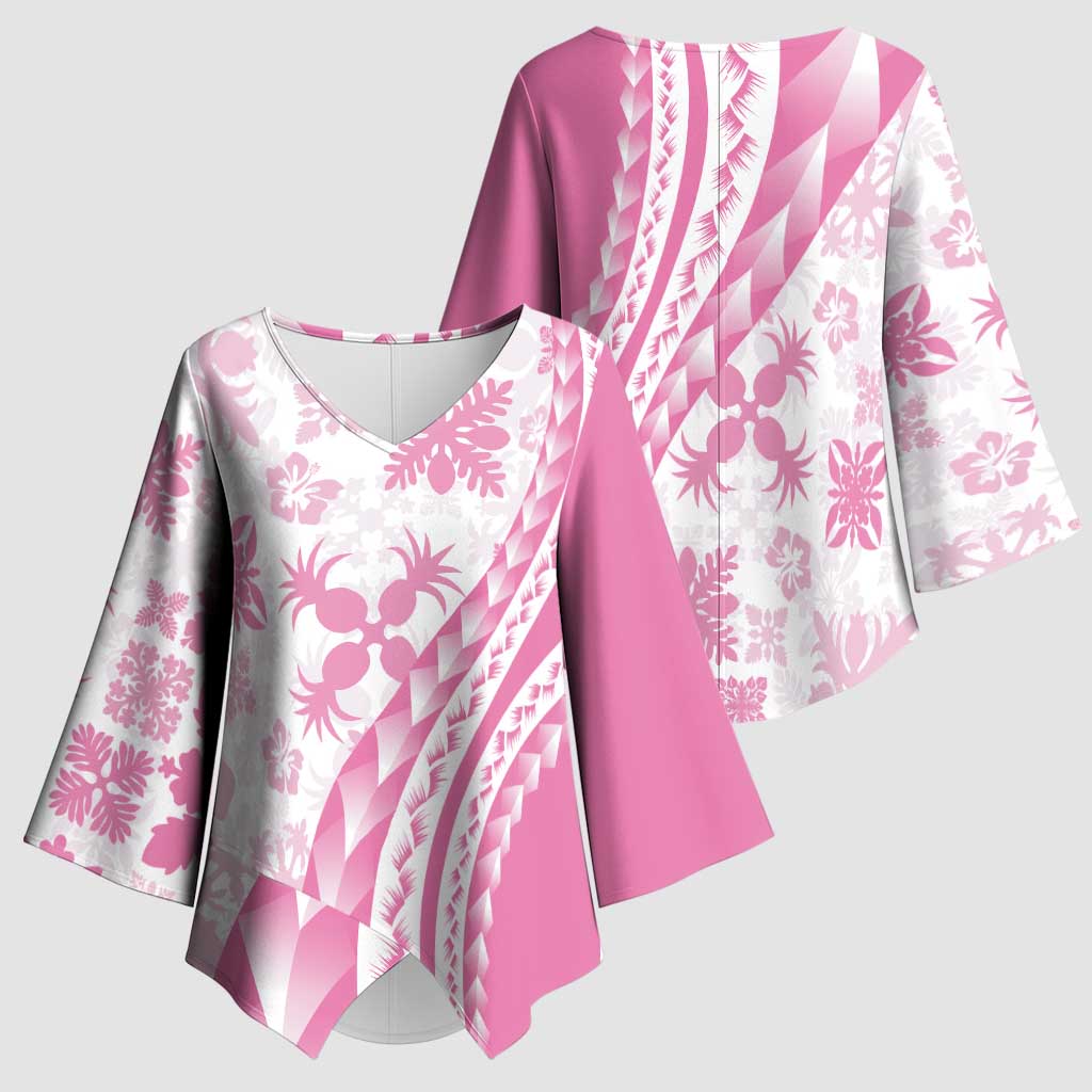 Pink Hawaiian Quilt Pattern Kimono Sleeve Blouse Mixed Polynesian Tribal Arty - Polynesian Pride