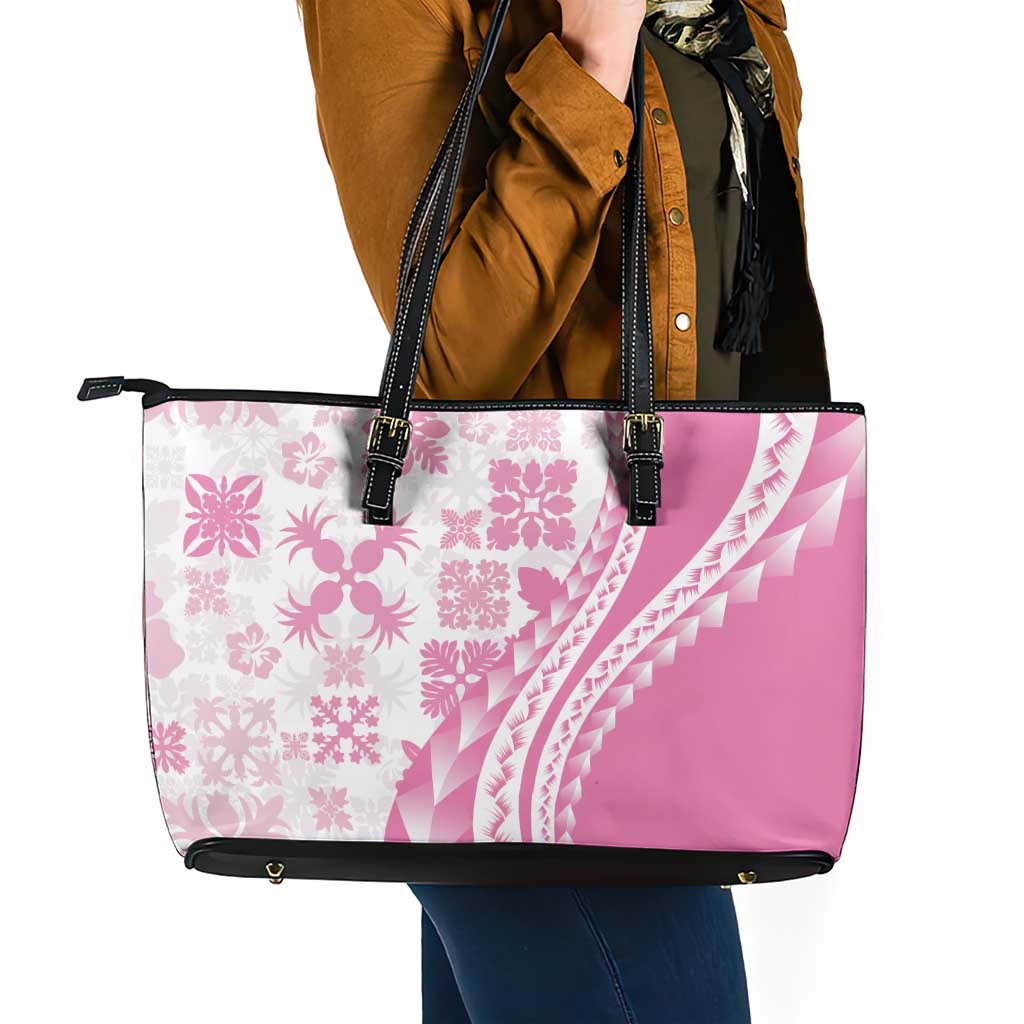 Pink Hawaiian Quilt Pattern Leather Tote Bag Mixed Polynesian Tribal Arty