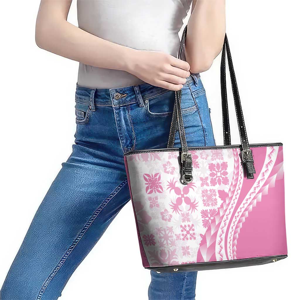 Pink Hawaiian Quilt Pattern Leather Tote Bag Mixed Polynesian Tribal Arty