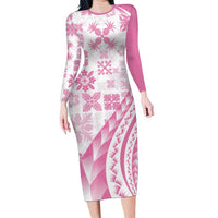 Pink Hawaiian Quilt Pattern Long Sleeve Bodycon Dress Mixed Polynesian Tribal Arty