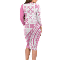 Pink Hawaiian Quilt Pattern Long Sleeve Bodycon Dress Mixed Polynesian Tribal Arty