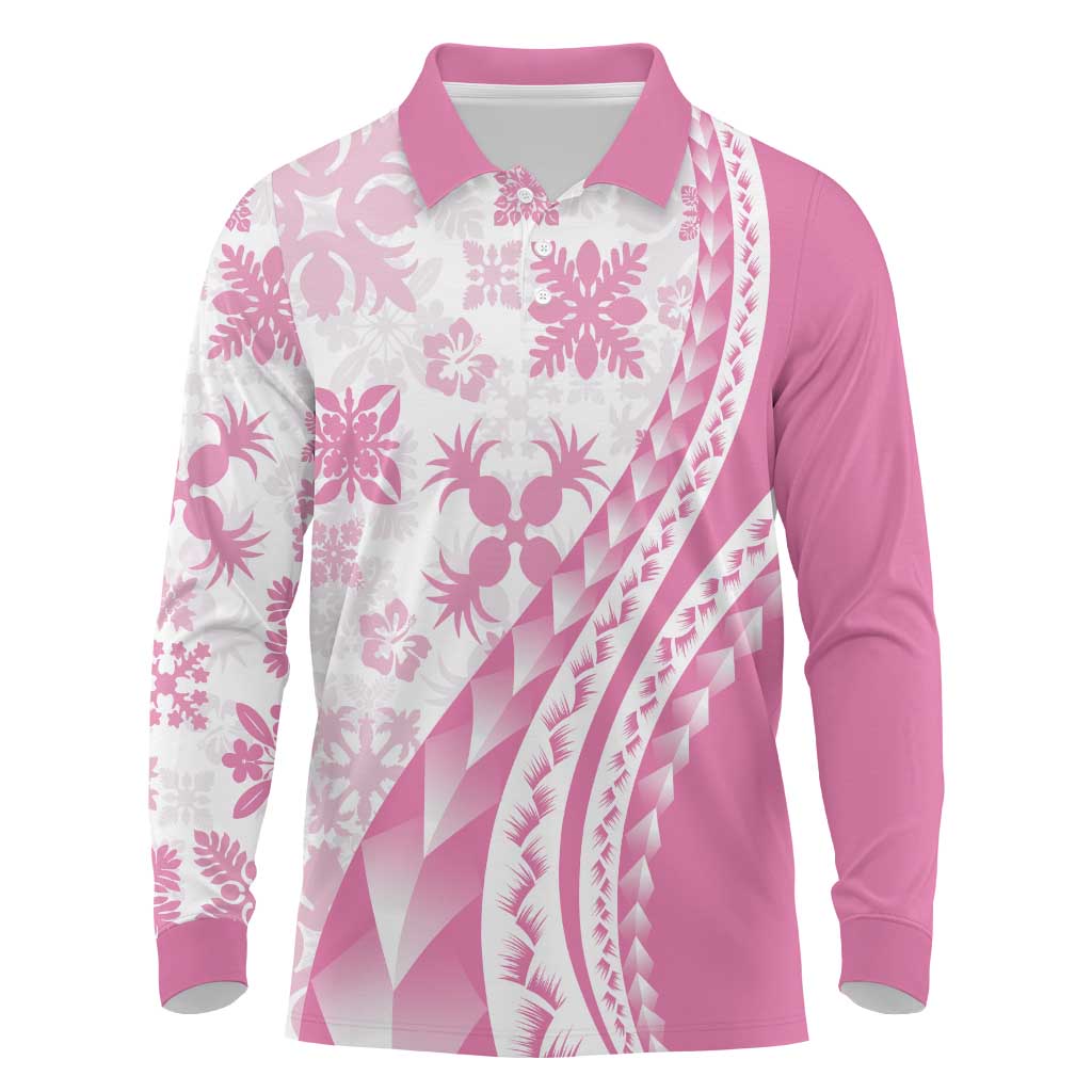 Pink Hawaiian Quilt Pattern Long Sleeve Polo Shirt Mixed Polynesian Tribal Arty