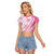 Pink Hawaiian Quilt Pattern Raglan Cropped T Shirt Mixed Polynesian Tribal Arty