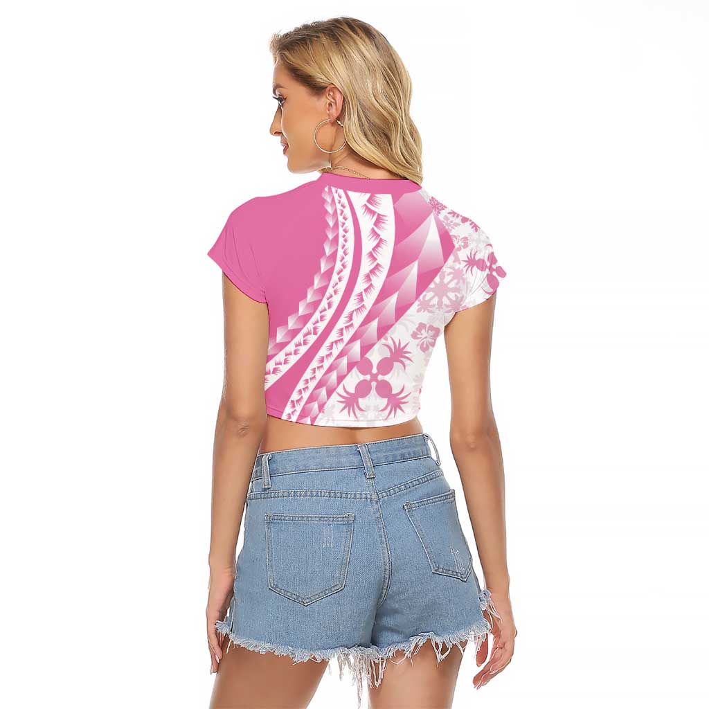 Pink Hawaiian Quilt Pattern Raglan Cropped T Shirt Mixed Polynesian Tribal Arty LT9 - Polynesian Pride