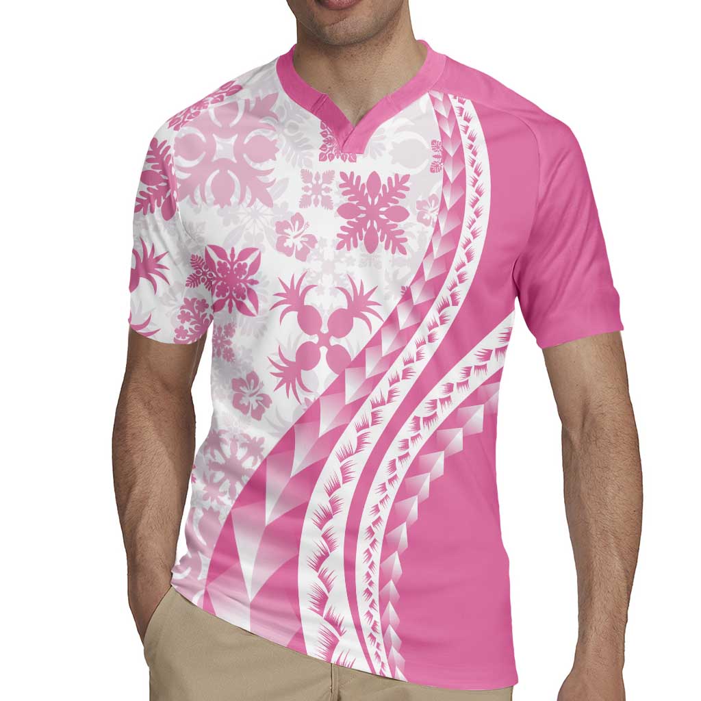Pink Hawaiian Quilt Pattern Rugby Jersey Mixed Polynesian Tribal Arty