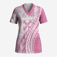 Pink Hawaiian Quilt Pattern Scrub Top Mixed Polynesian Tribal Arty - Polynesian Pride