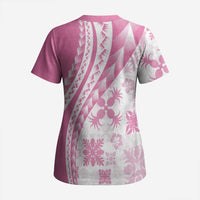 Pink Hawaiian Quilt Pattern Scrub Top Mixed Polynesian Tribal Arty - Polynesian Pride