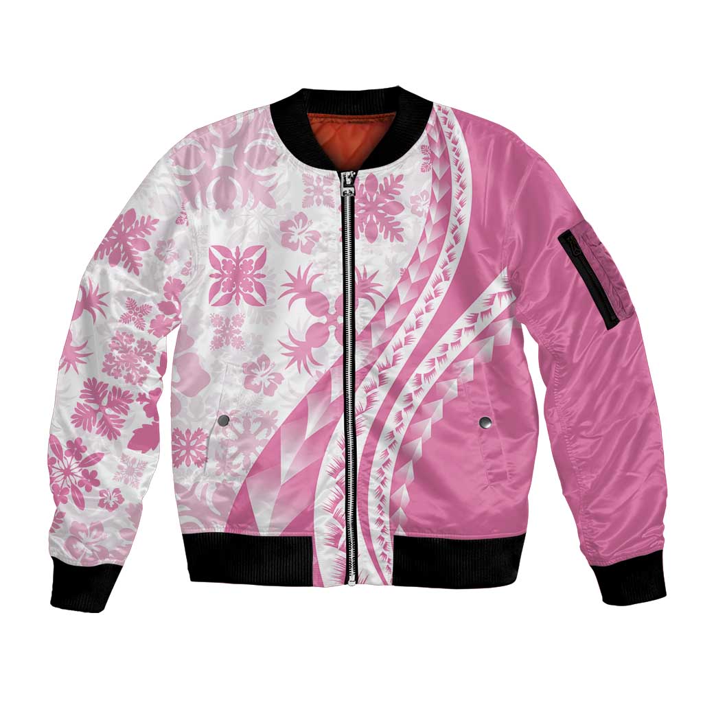 Pink Hawaiian Quilt Pattern Sleeve Zip Bomber Jacket Mixed Polynesian Tribal Arty