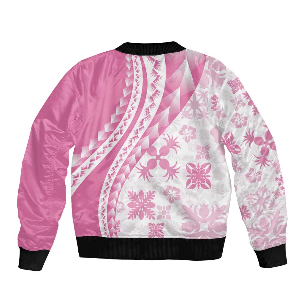 Pink Hawaiian Quilt Pattern Sleeve Zip Bomber Jacket Mixed Polynesian Tribal Arty LT9 - Polynesian Pride