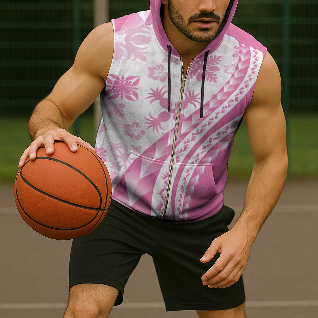 Pink Hawaiian Quilt Pattern Sleeveless Zip Hoodie Mixed Polynesian Tribal Arty - Polynesian Pride