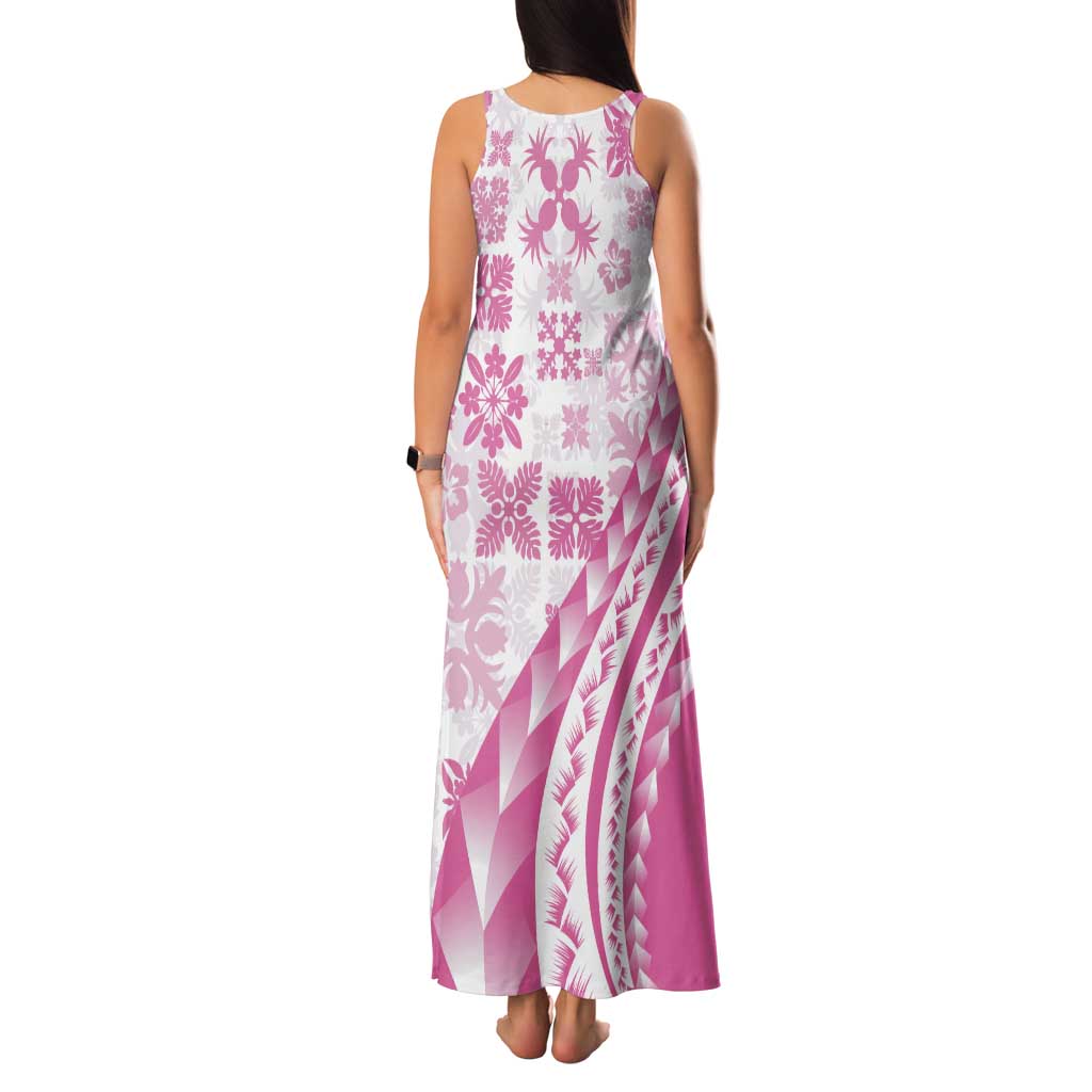 Pink Hawaiian Quilt Pattern Tank Maxi Dress Mixed Polynesian Tribal Arty