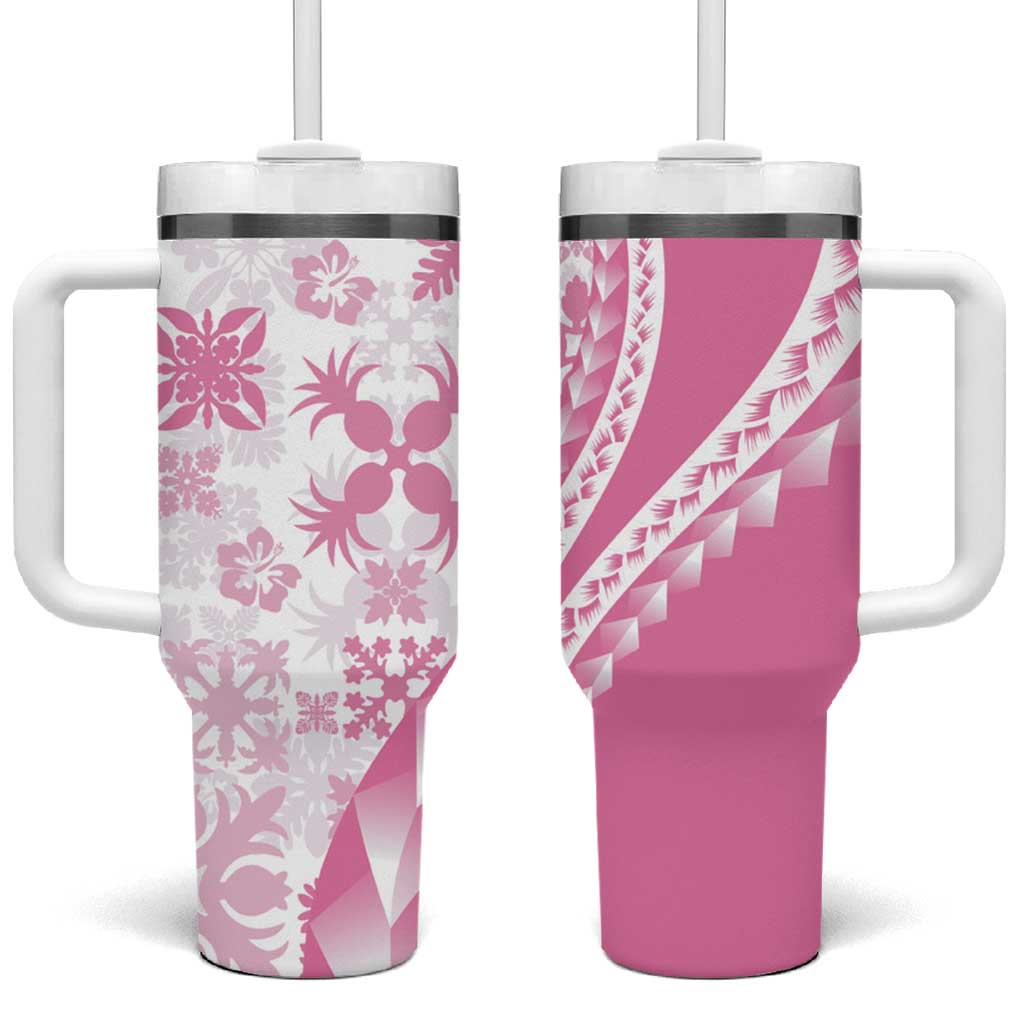Pink Hawaiian Quilt Pattern Tumbler With Handle Mixed Polynesian Tribal Arty