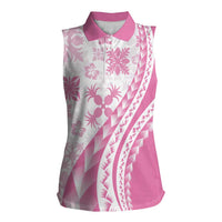 Pink Hawaiian Quilt Pattern Women Sleeveless Polo Shirt Mixed Polynesian Tribal Arty