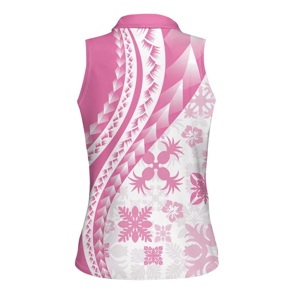 Pink Hawaiian Quilt Pattern Women Sleeveless Polo Shirt Mixed Polynesian Tribal Arty