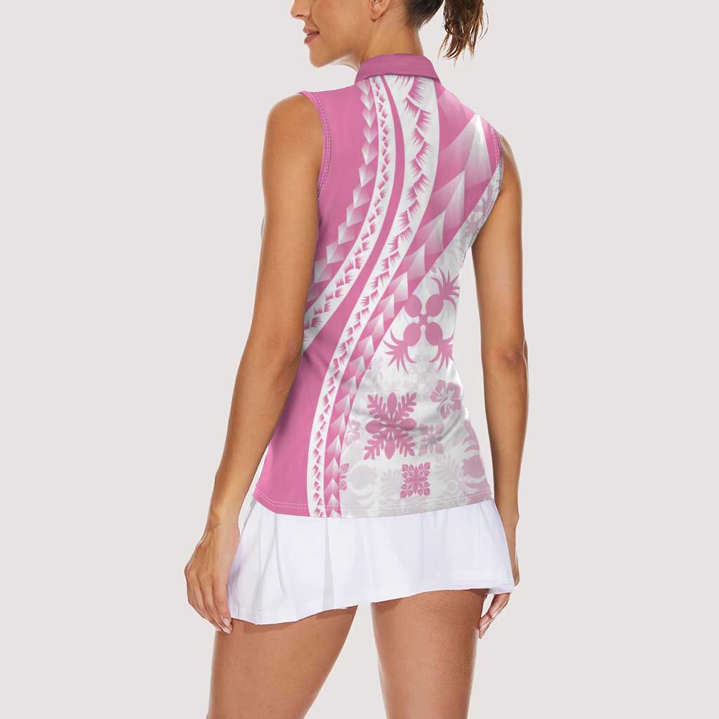 Pink Hawaiian Quilt Pattern Women Sleeveless Polo Shirt Mixed Polynesian Tribal Arty