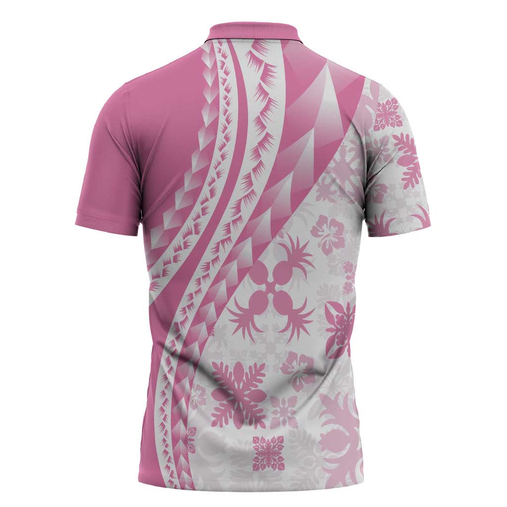 Pink Hawaiian Quilt Pattern Zipper Polo Shirt Mixed Polynesian Tribal Arty - Polynesian Pride
