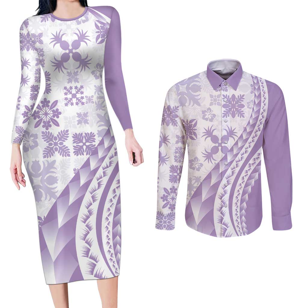 Purple Hawaiian Quilt Pattern Couples Matching Long Sleeve Bodycon Dress and Long Sleeve Button Shirt Mixed Polynesian Tribal Arty