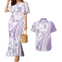 Purple Hawaiian Quilt Pattern Couples Matching Mermaid Dress and Hawaiian Shirt Mixed Polynesian Tribal Arty