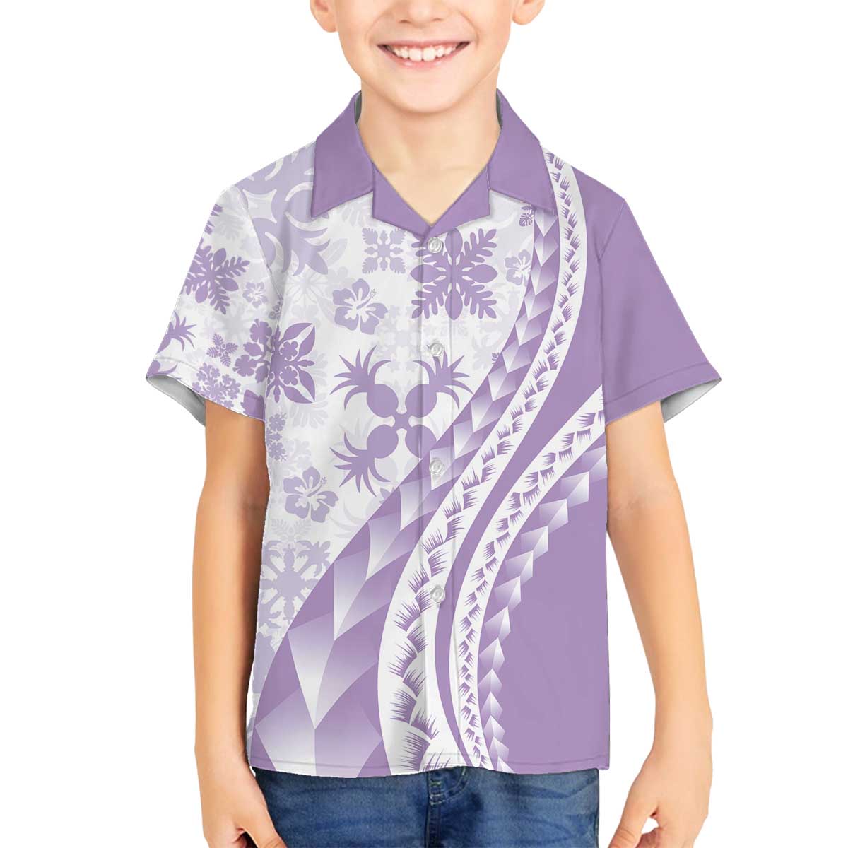 Purple Hawaiian Quilt Pattern Family Matching Off The Shoulder Long Sleeve Dress and Hawaiian Shirt Mixed Polynesian Tribal Arty