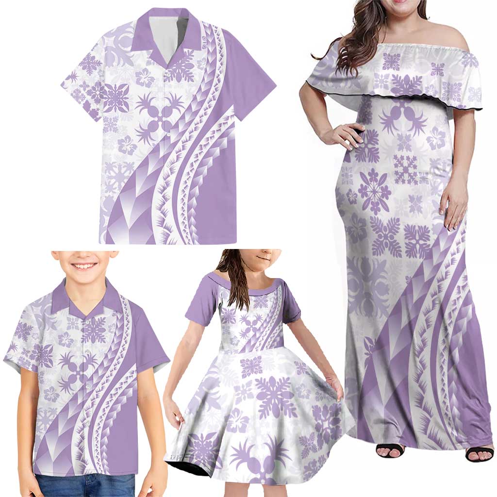 Purple Hawaiian Quilt Pattern Family Matching Off Shoulder Maxi Dress and Hawaiian Shirt Mixed Polynesian Tribal Arty