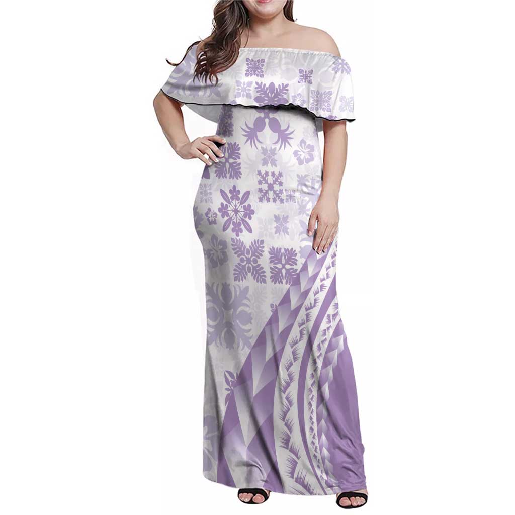 Purple Hawaiian Quilt Pattern Family Matching Off Shoulder Maxi Dress and Hawaiian Shirt Mixed Polynesian Tribal Arty