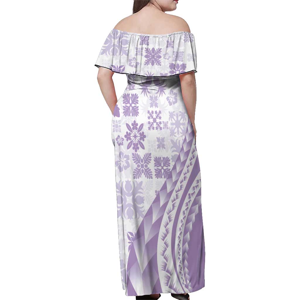 Purple Hawaiian Quilt Pattern Family Matching Off Shoulder Maxi Dress and Hawaiian Shirt Mixed Polynesian Tribal Arty
