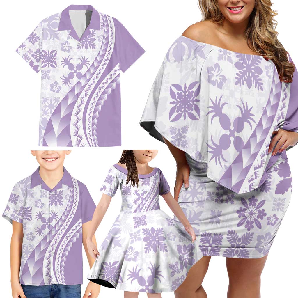 Purple Hawaiian Quilt Pattern Family Matching Off Shoulder Short Dress and Hawaiian Shirt Mixed Polynesian Tribal Arty