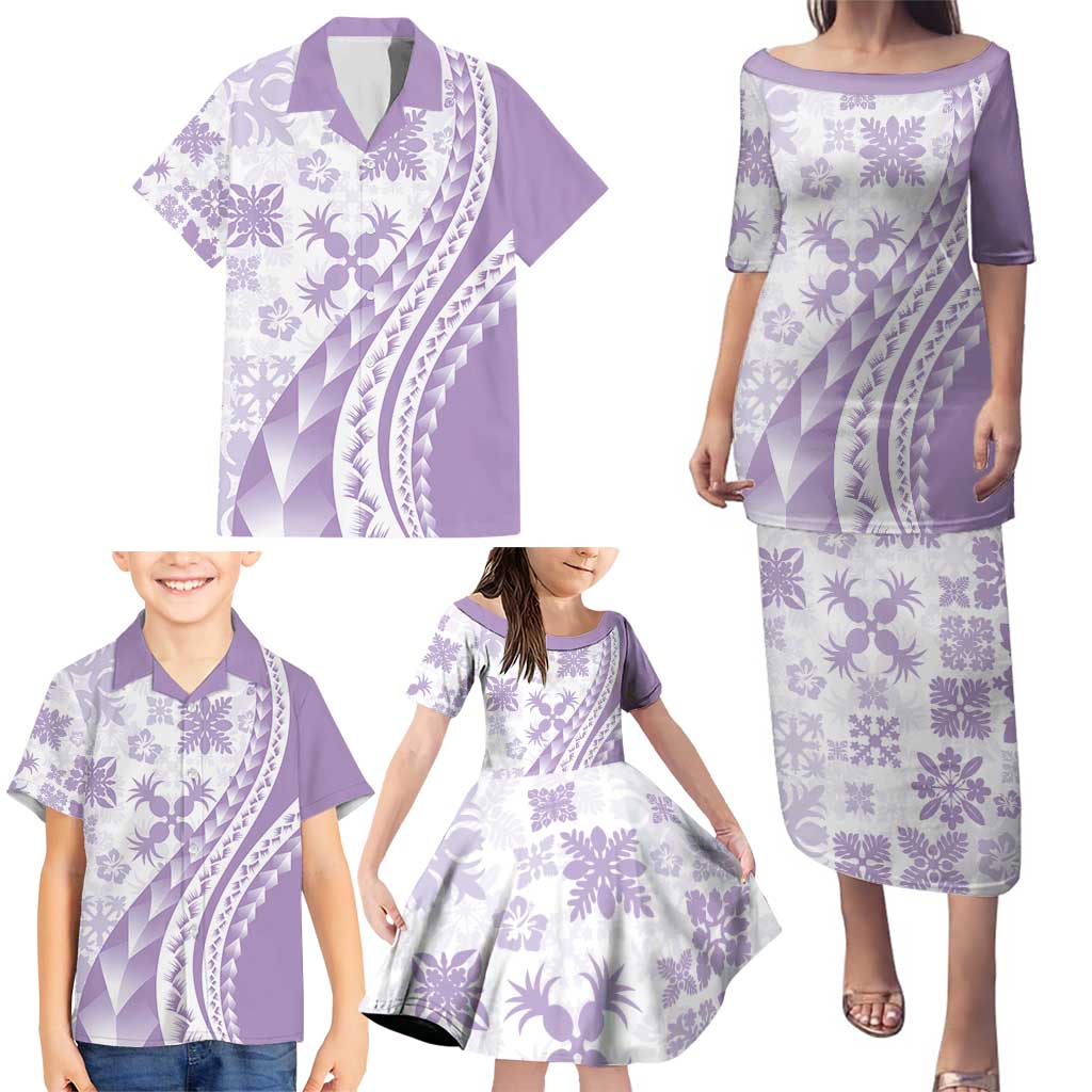 Purple Hawaiian Quilt Pattern Family Matching Puletasi and Hawaiian Shirt Mixed Polynesian Tribal Arty