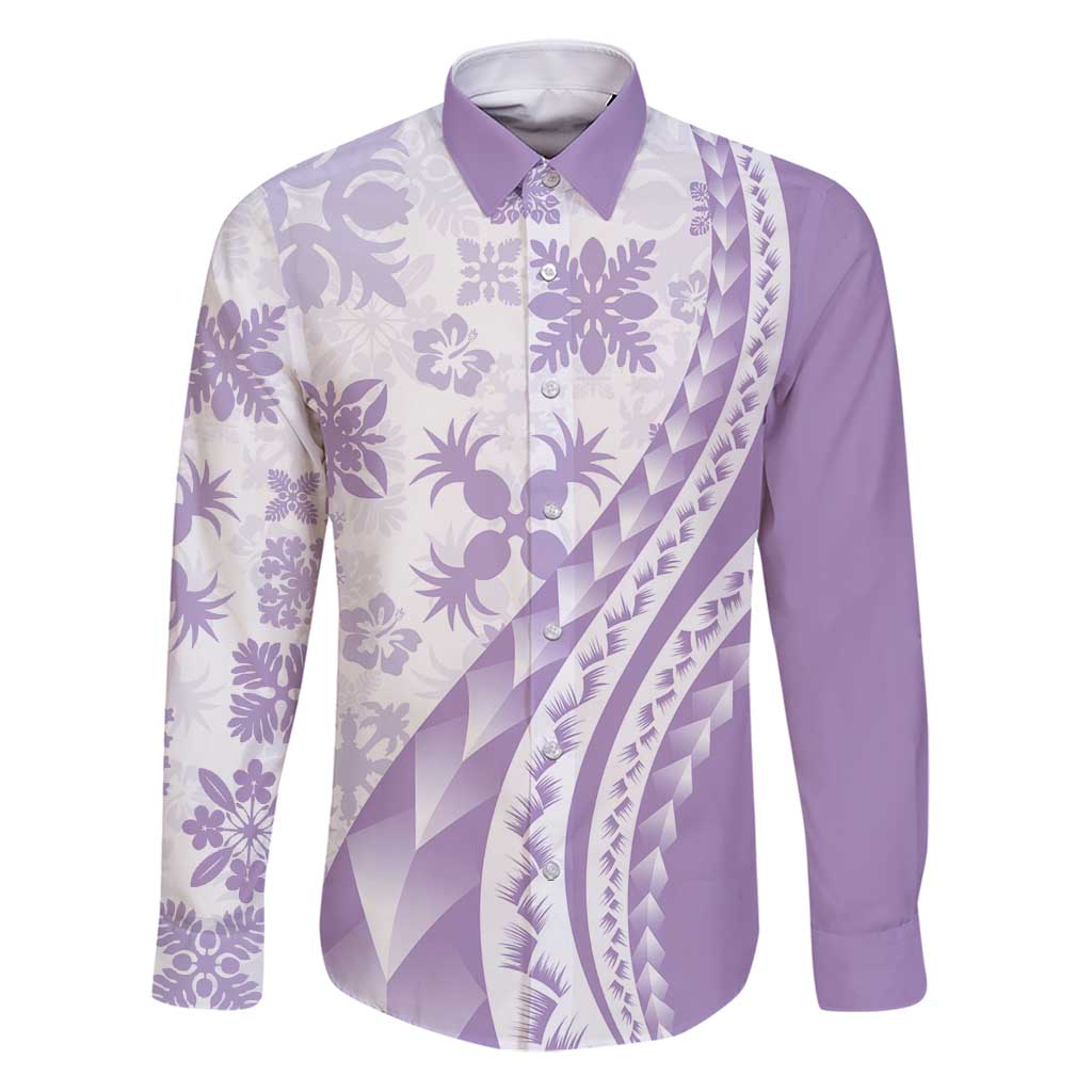 Purple Hawaiian Quilt Pattern Family Matching Puletasi and Hawaiian Shirt Mixed Polynesian Tribal Arty