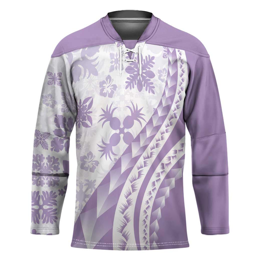 Purple Hawaiian Quilt Pattern Hockey Jersey Mixed Polynesian Tribal Arty - Polynesian Pride