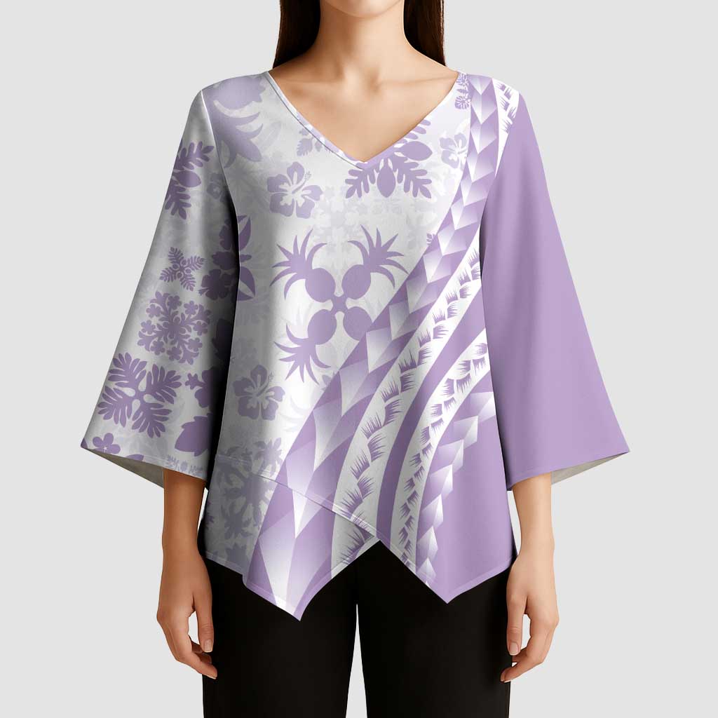 Purple Hawaiian Quilt Pattern Kimono Sleeve Blouse Mixed Polynesian Tribal Arty - Polynesian Pride