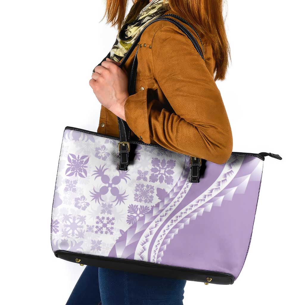 Purple Hawaiian Quilt Pattern Leather Tote Bag Mixed Polynesian Tribal Arty