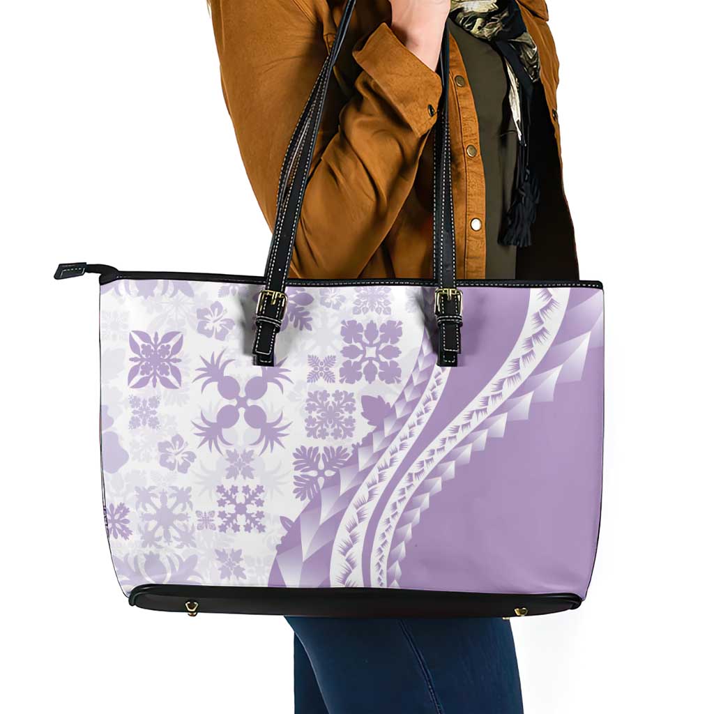 Purple Hawaiian Quilt Pattern Leather Tote Bag Mixed Polynesian Tribal Arty