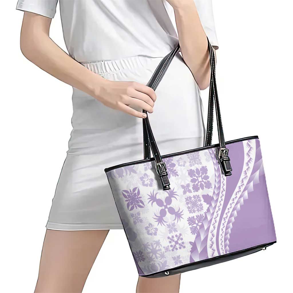 Purple Hawaiian Quilt Pattern Leather Tote Bag Mixed Polynesian Tribal Arty