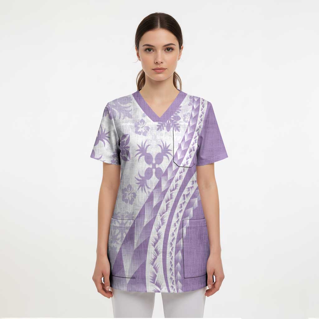 Purple Hawaiian Quilt Pattern Scrub Top Mixed Polynesian Tribal Arty - Polynesian Pride