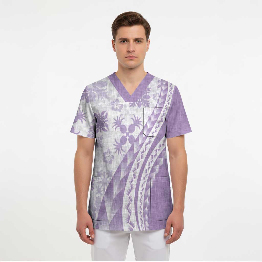 Purple Hawaiian Quilt Pattern Scrub Top Mixed Polynesian Tribal Arty - Polynesian Pride