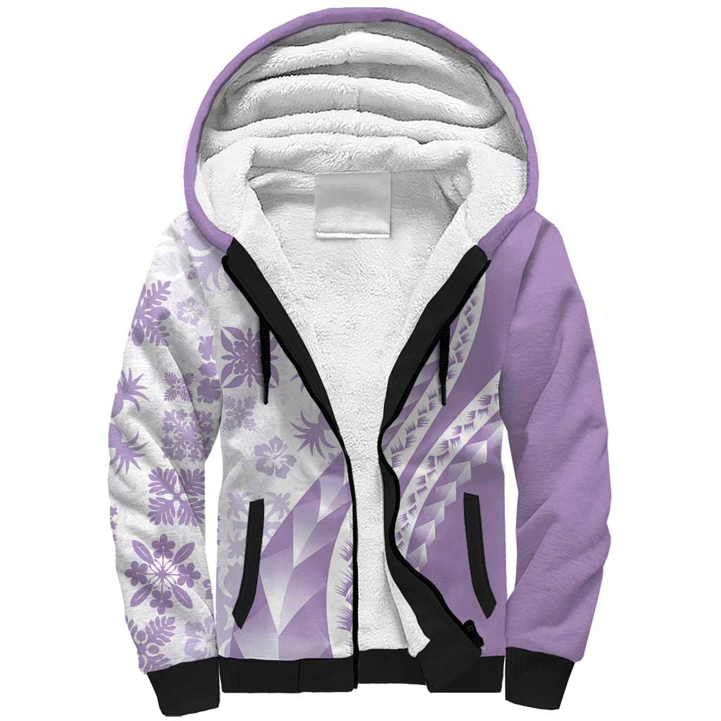 Purple Hawaiian Quilt Pattern Sherpa Hoodie Mixed Polynesian Tribal Arty