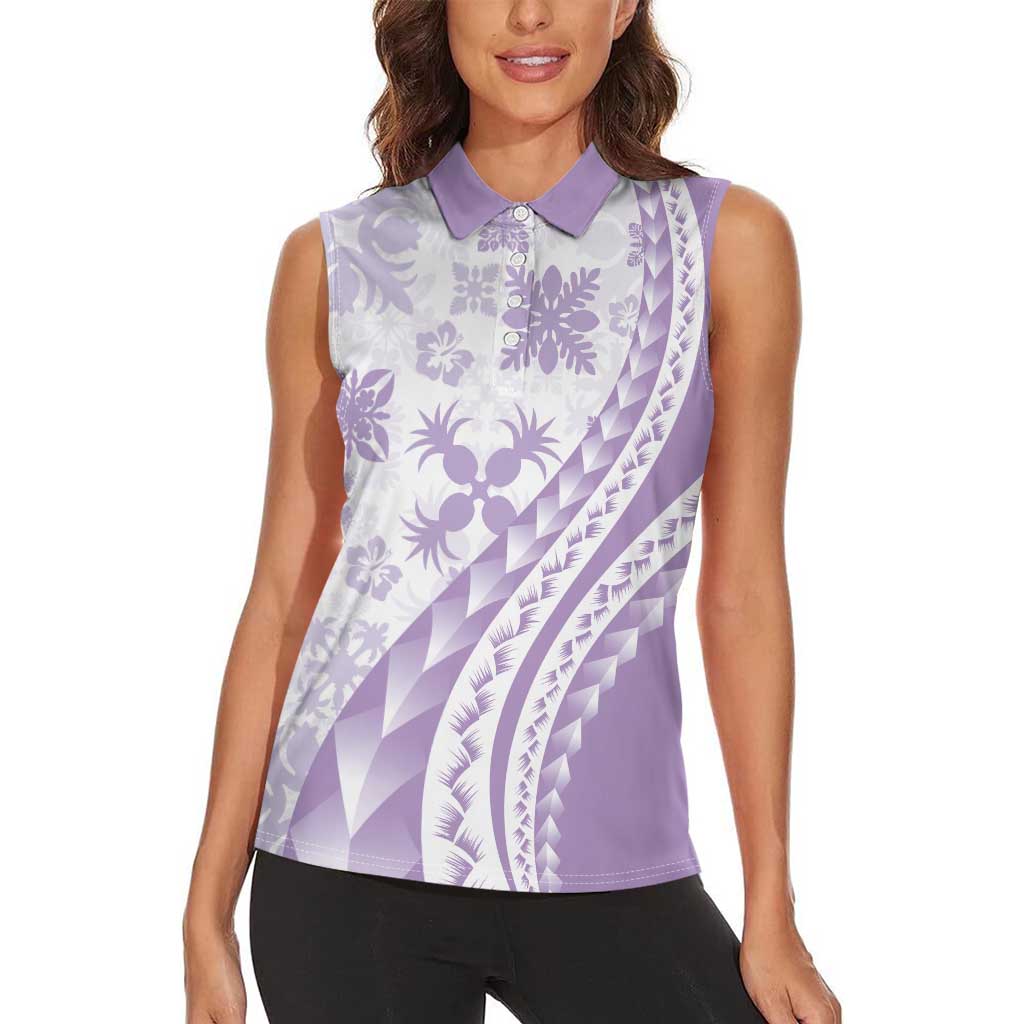 Purple Hawaiian Quilt Pattern Women Sleeveless Polo Shirt Mixed Polynesian Tribal Arty