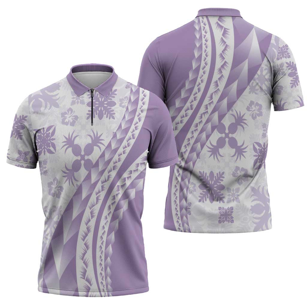 Purple Hawaiian Quilt Pattern Zipper Polo Shirt Mixed Polynesian Tribal Arty - Polynesian Pride