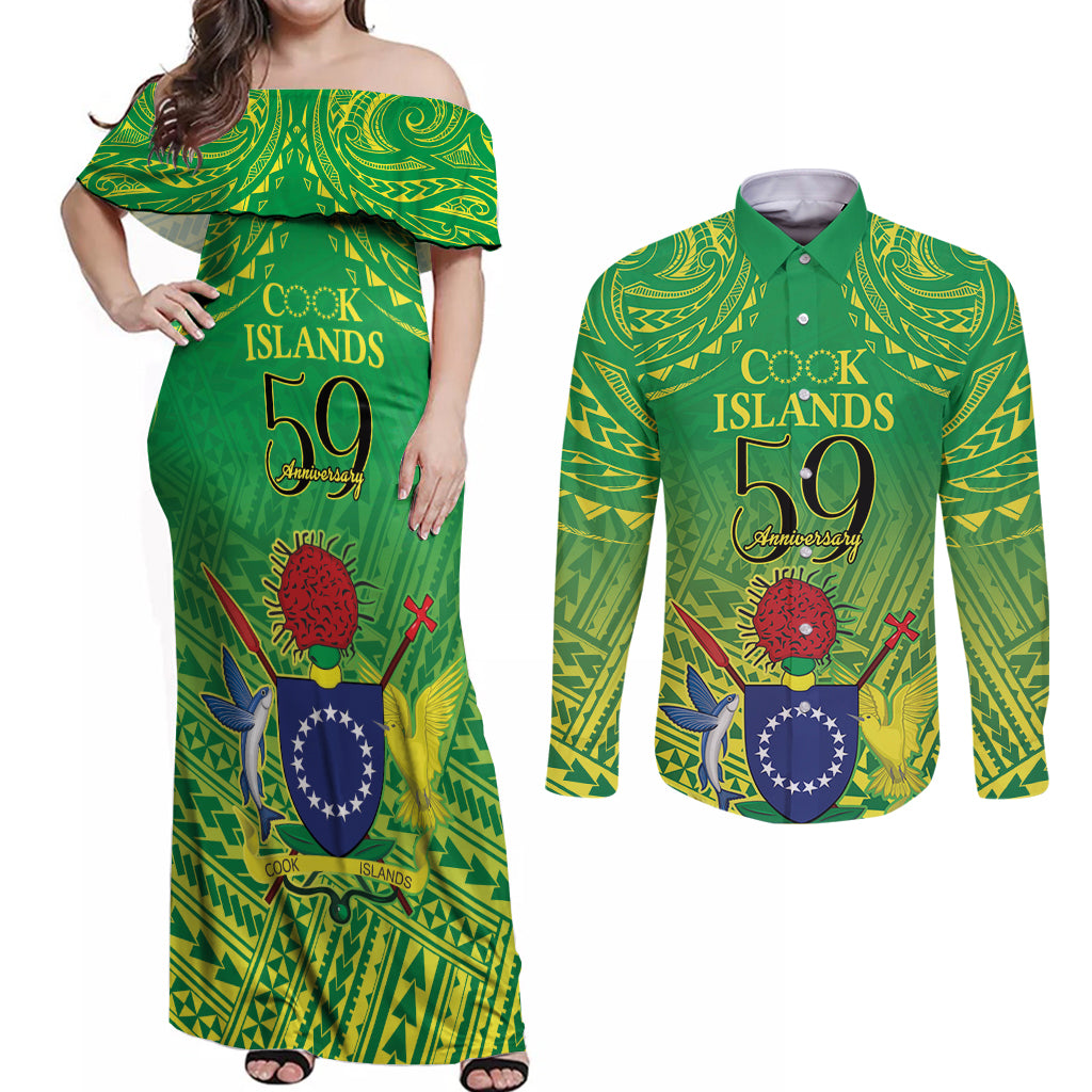 Cook Islands Constitution Day Couples Matching Off Shoulder Maxi Dress and Long Sleeve Button Shirt Kuki Airani Since 1965