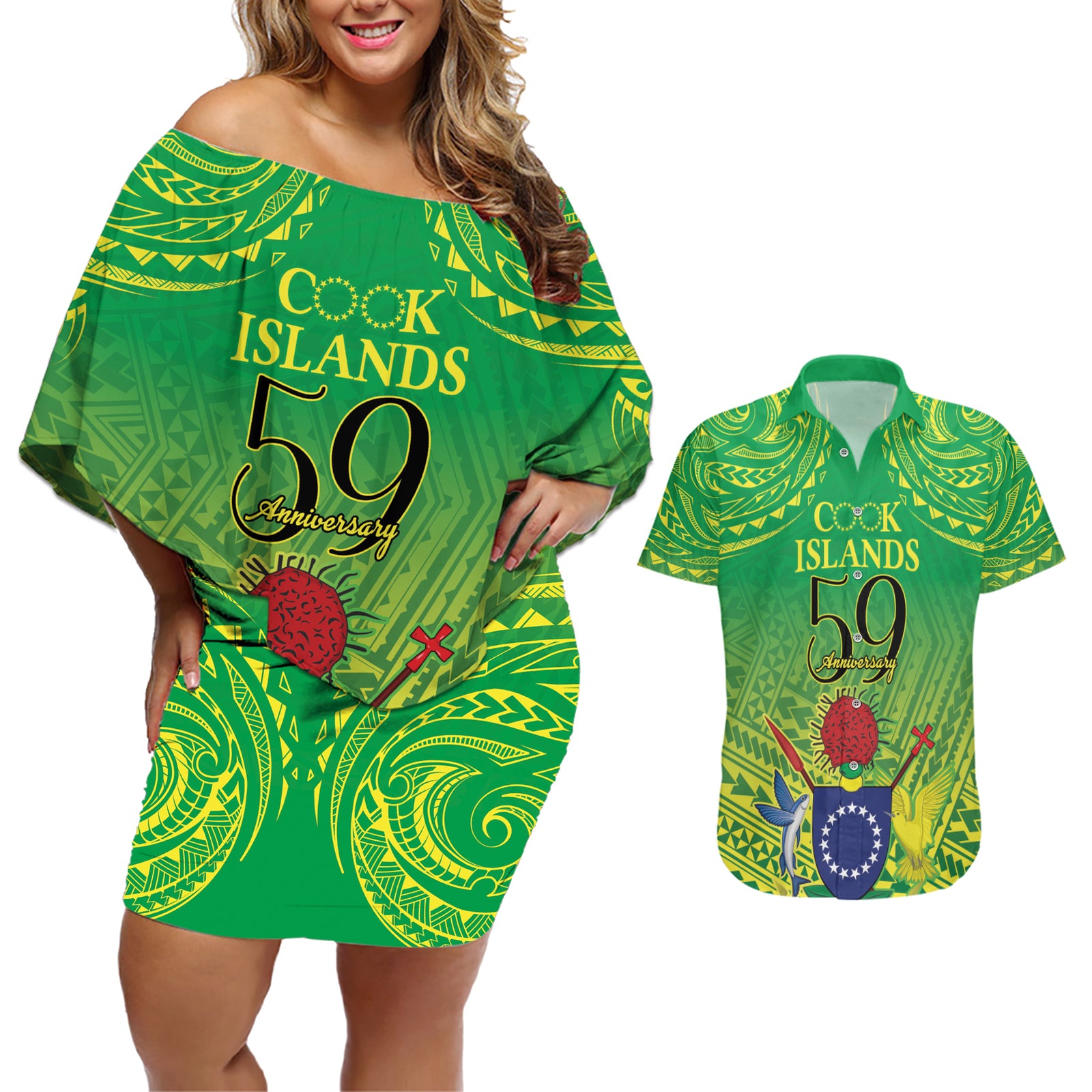 Cook Islands Constitution Day Couples Matching Off Shoulder Short Dress and Hawaiian Shirt Kuki Airani Since 1965