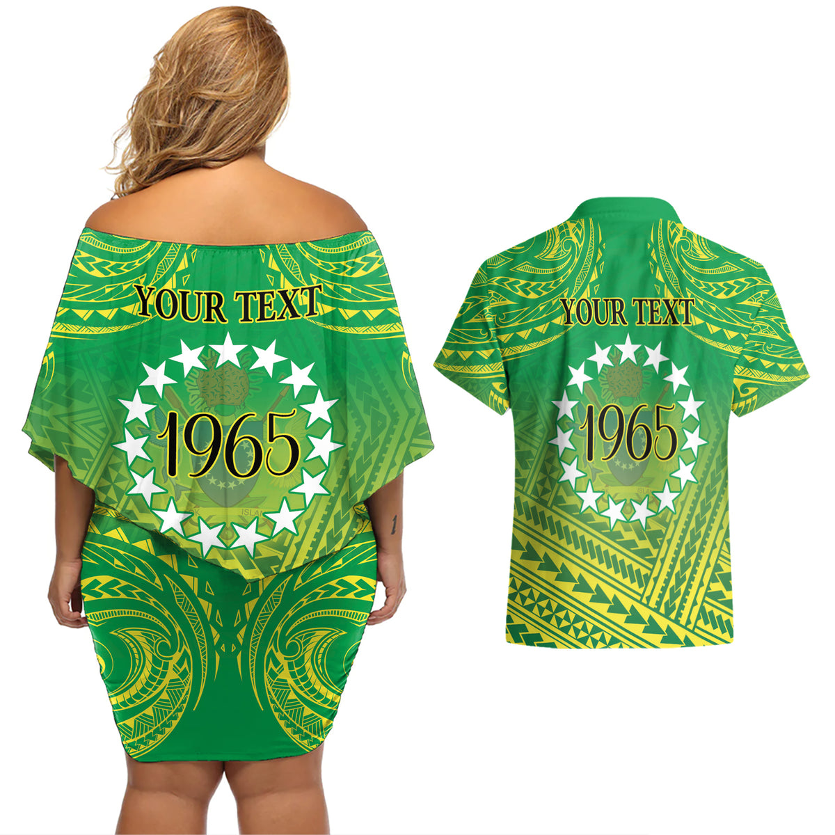 Cook Islands Constitution Day Couples Matching Off Shoulder Short Dress and Hawaiian Shirt Kuki Airani Since 1965