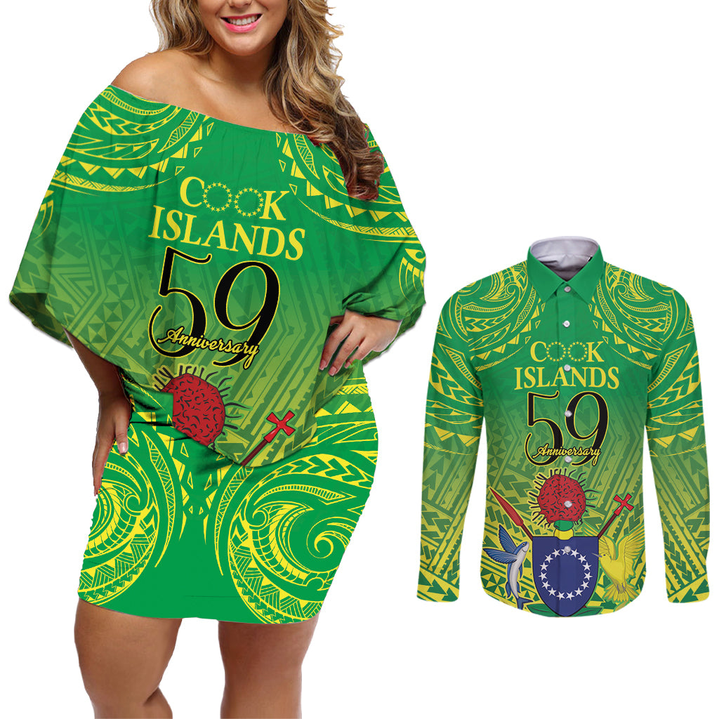 Cook Islands Constitution Day Couples Matching Off Shoulder Short Dress and Long Sleeve Button Shirt Kuki Airani Since 1965