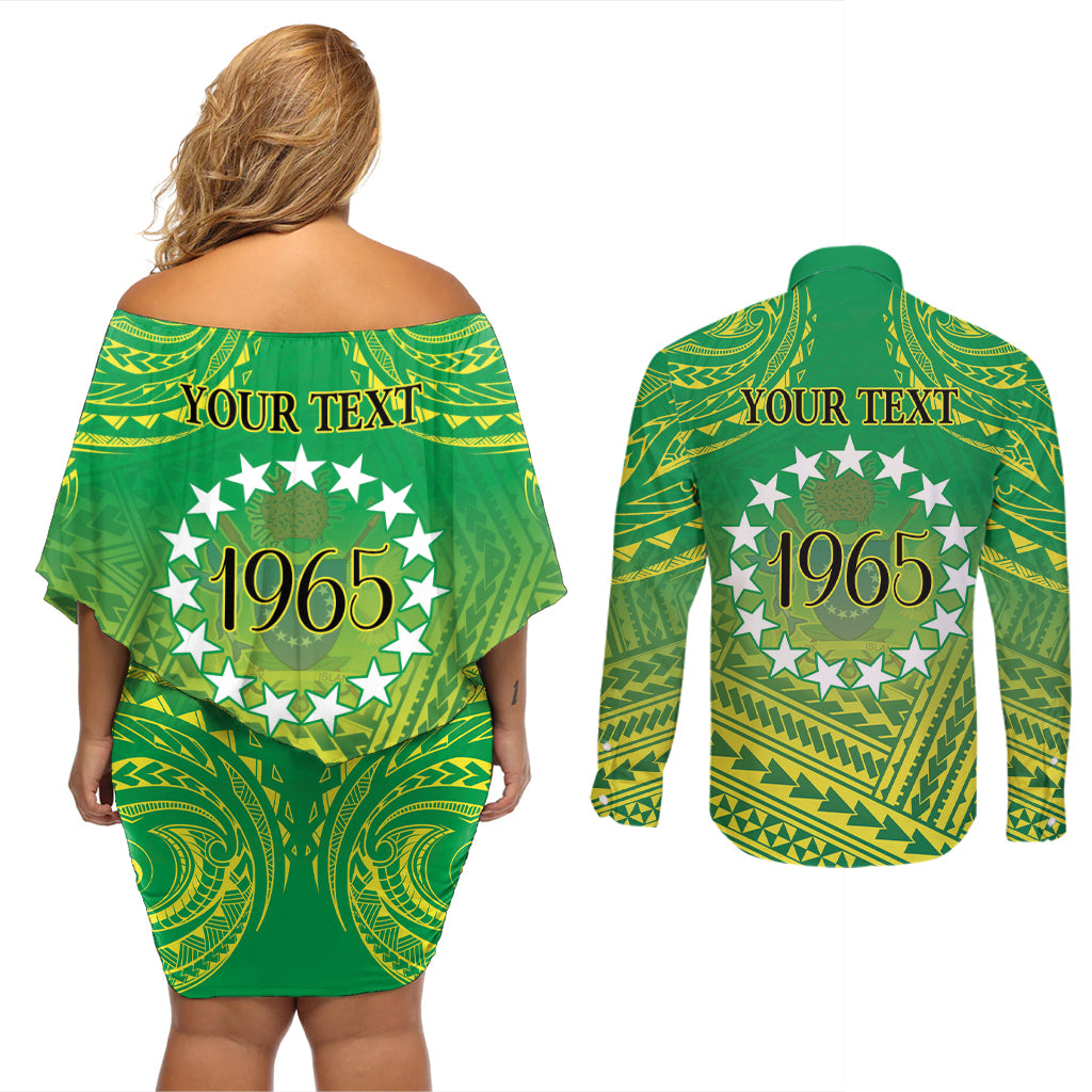 Cook Islands Constitution Day Couples Matching Off Shoulder Short Dress and Long Sleeve Button Shirt Kuki Airani Since 1965