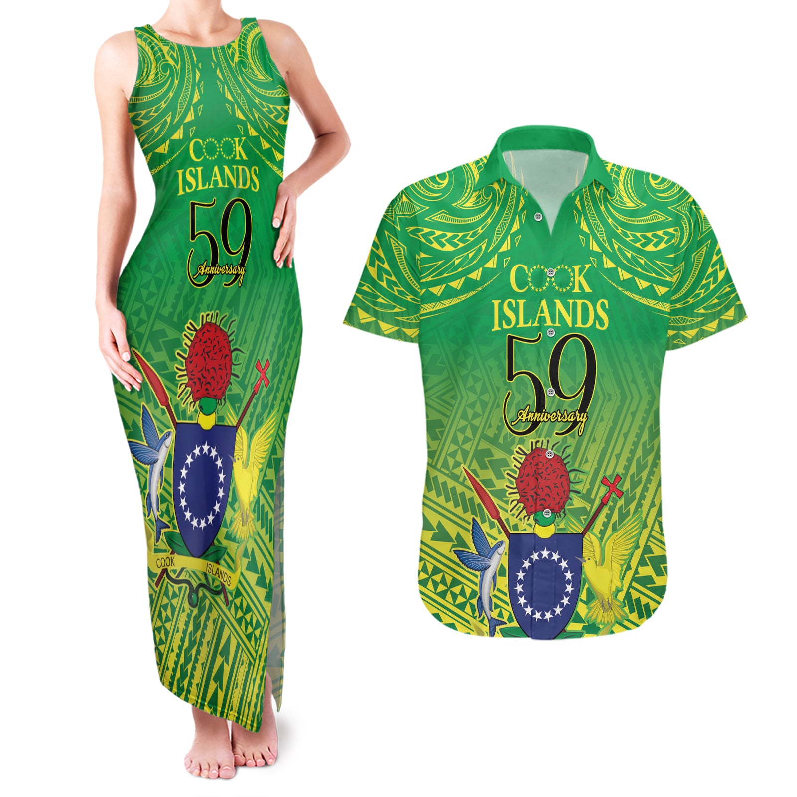 Cook Islands Constitution Day Couples Matching Tank Maxi Dress and Hawaiian Shirt Kuki Airani Since 1965