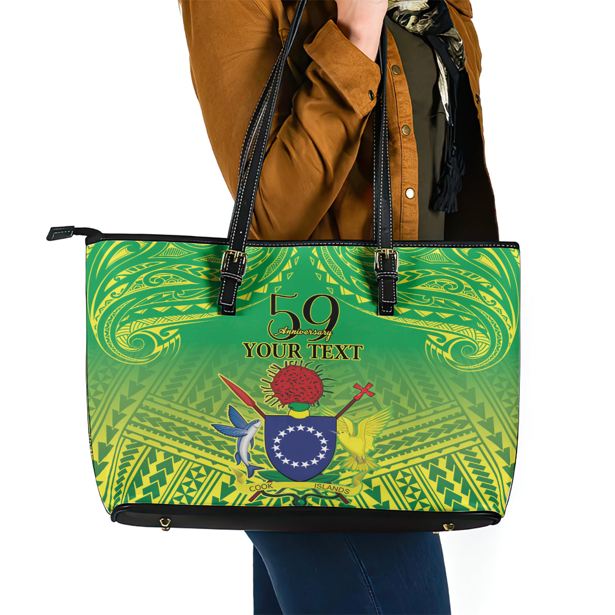 Cook Islands Constitution Day Leather Tote Bag Kuki Airani Since 1965