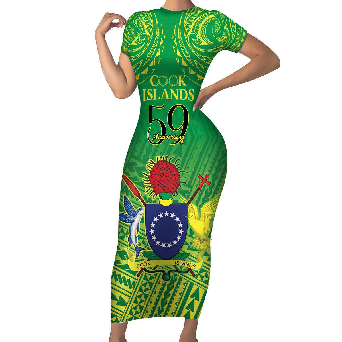 Cook Islands Constitution Day Short Sleeve Bodycon Dress Kuki Airani Since 1965 LT9 Long Dress Green - Polynesian Pride