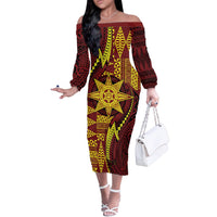 Personalised Tonga Haapai High School Off The Shoulder Long Sleeve Dress Special Kupesi Pattern LT9 Women Gold - Polynesian Pride